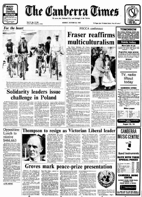 The front page of The Canberra Times on October 25, 1982.