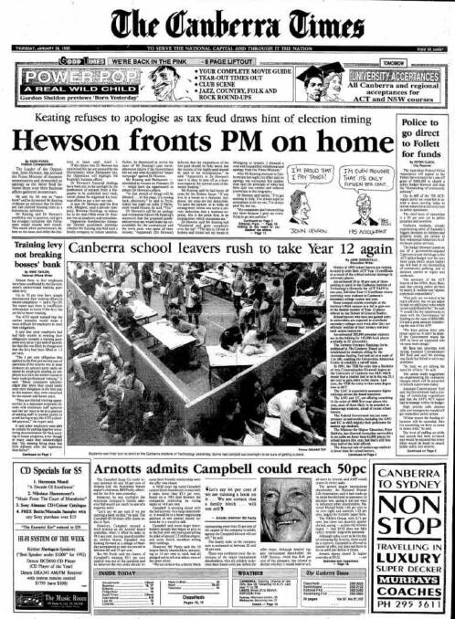 The front page of The Canberra Times on January 28, 1993.