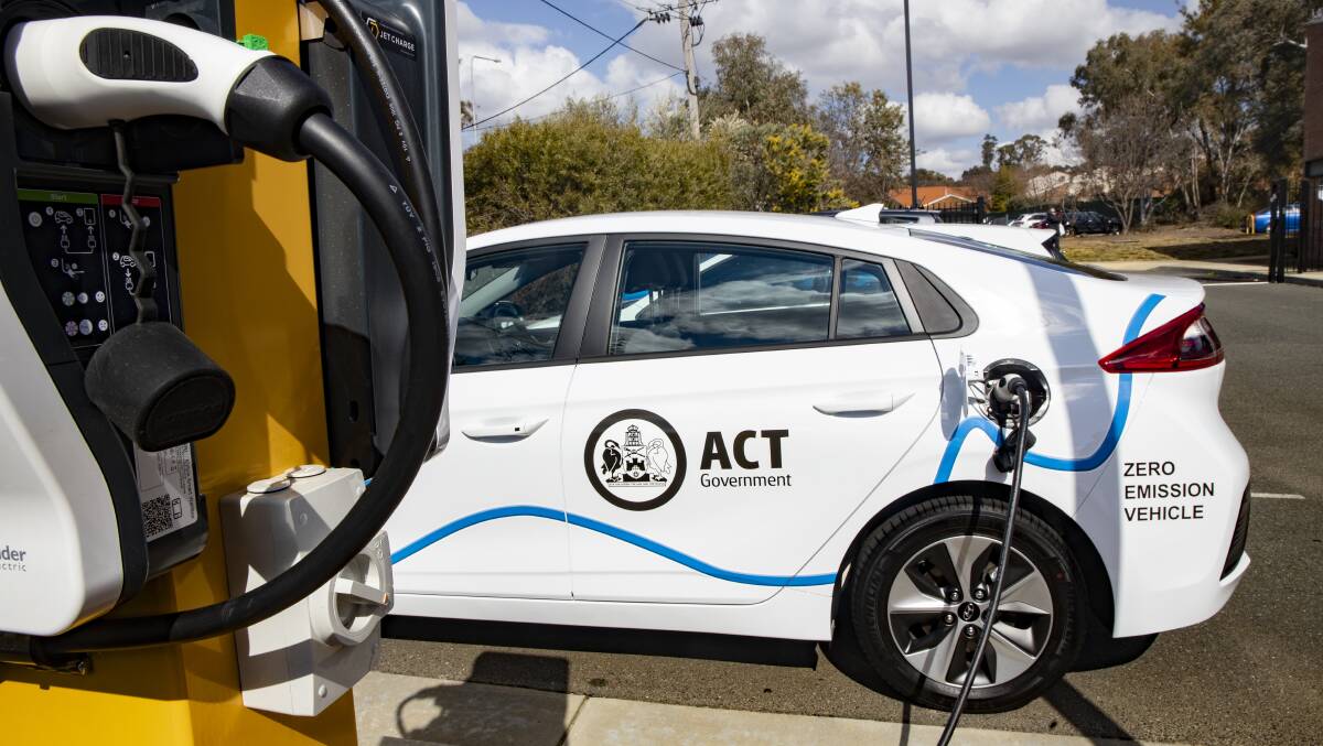 An ACT government electric car at a charging station in Holt. Picture: Sitthixay Ditthavong