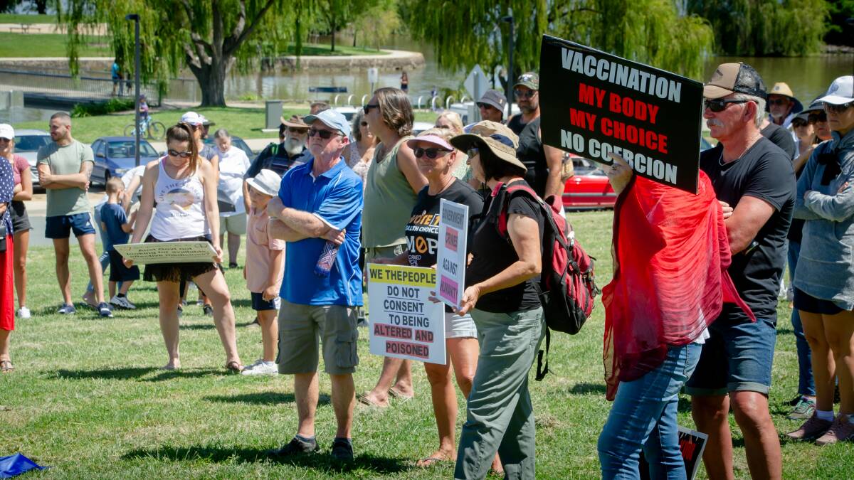 About 150 people joined an anti-vaccination rally in Canberra on Saturday as the Health Minister warned against false and misleading claims undermining public health messaging. Picture: Elesa Kurtz