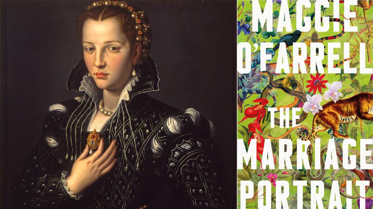 Lucrezia de Medici (1545-1561) by Alessandro Allori (detail) and the cover of The Marriage Portrait by Maggie O'Farrell. Pictures supplied