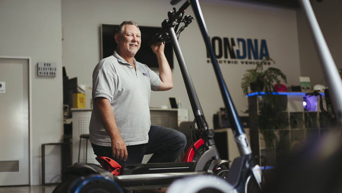 ION DNA owner Rob Ogilvie at his store in Fyshwick in 2020 with electric scooters. Picture: Dion Georgopoulos