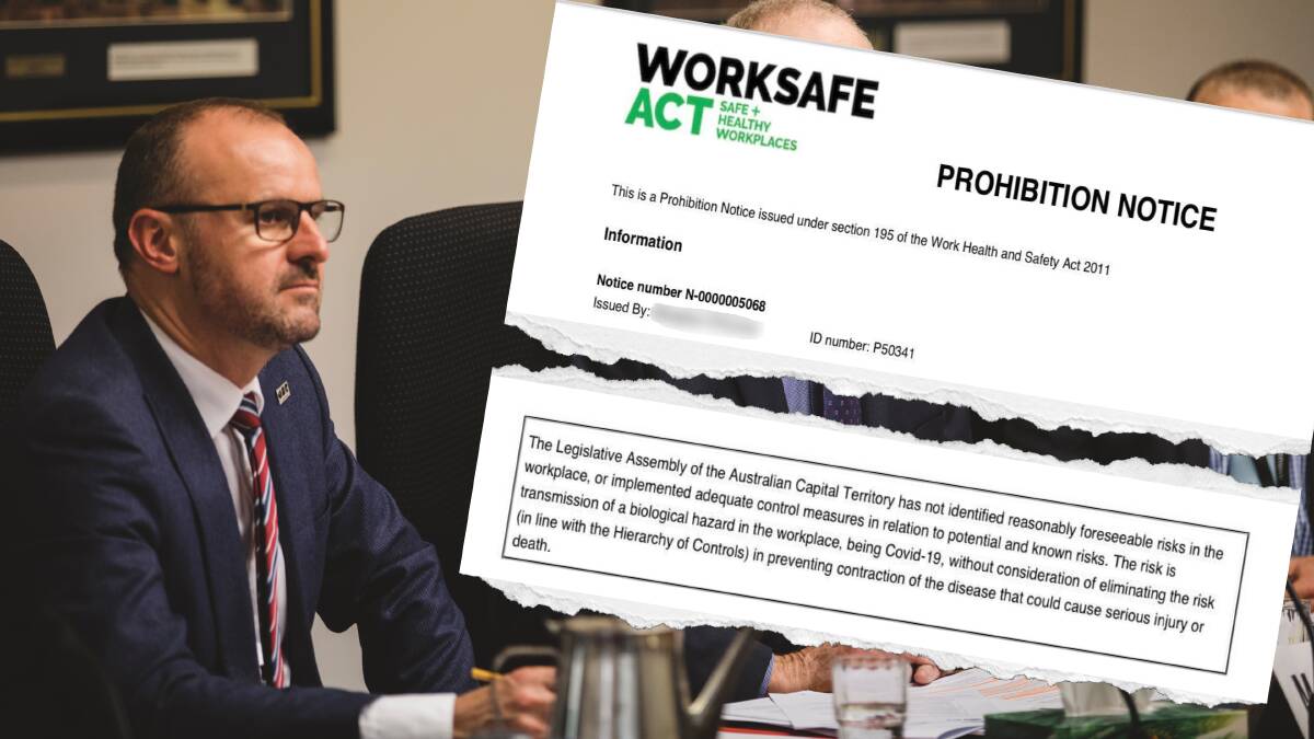Chief Minister Andrew Barr faces questions at a previous estimates hearing and, inset, the prohibition notice issued by WorkSafe ACT.