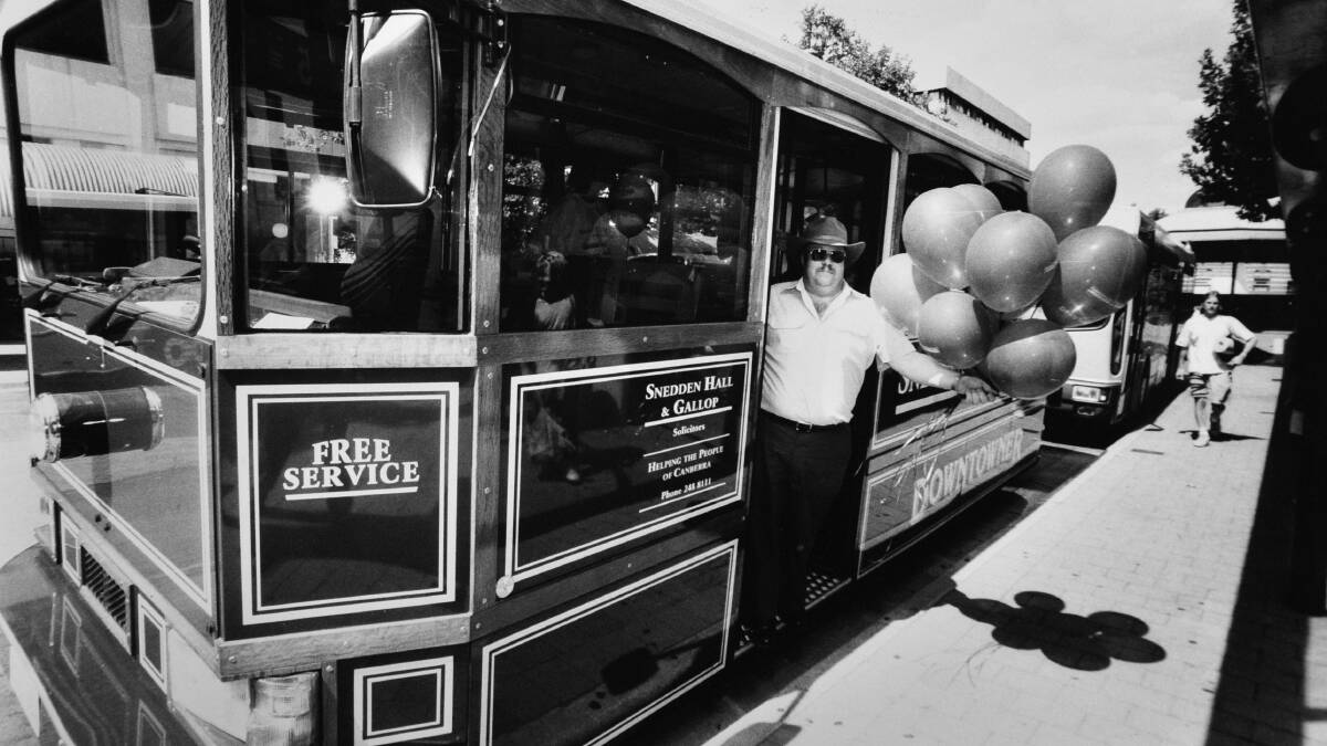 Is this Canberra's first trackless tram? In 1991, ACTION launched a free loop service on buses decked out to look like old trams. Picture: Richard Briggs