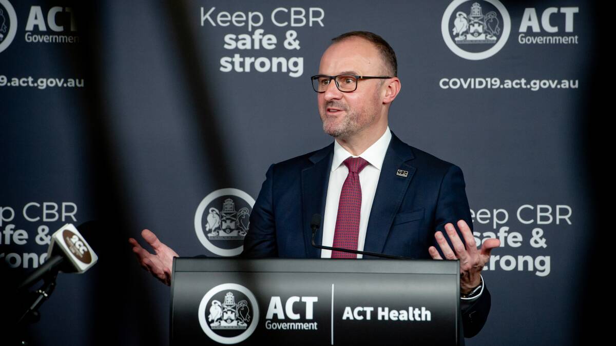 Chief Minister Andrew Barr announces a seven-day lockdown at a press conference on Thursday. Picture: Elesa Kurtz