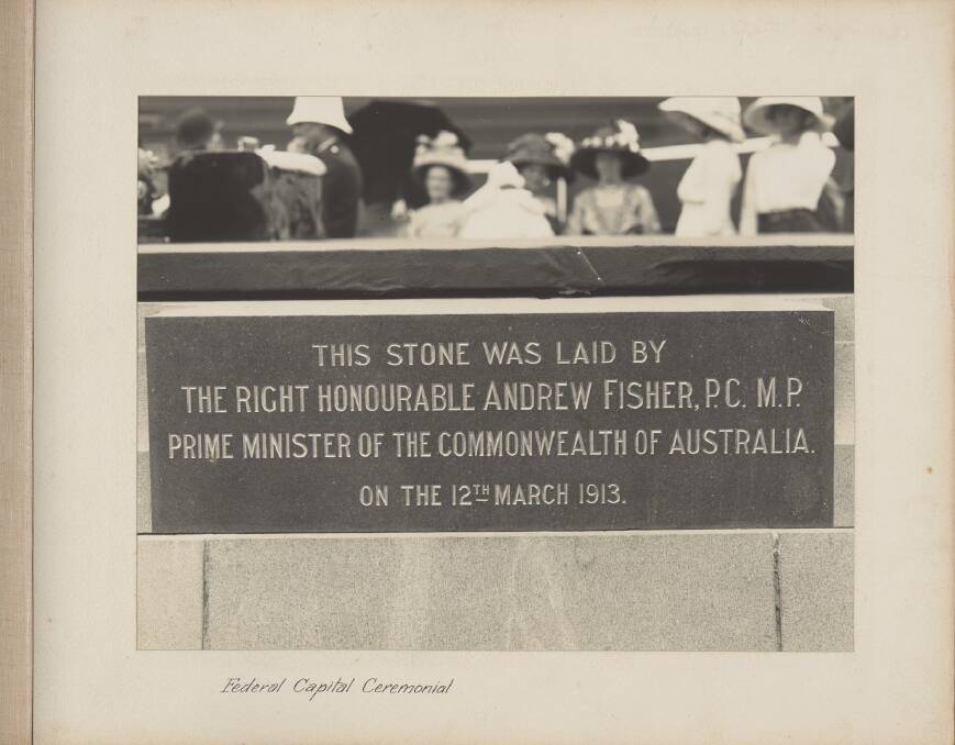 The foundation stone laid by prime minister Andrew Fisher. Picture: National Museum of Australia
