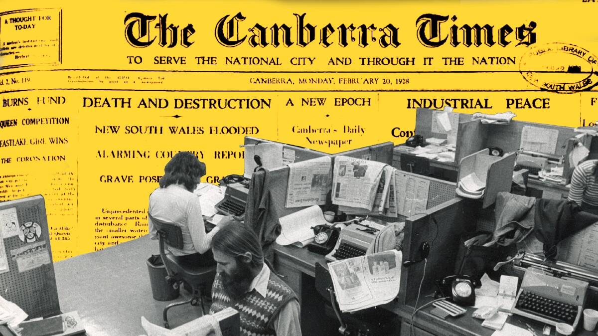From a cluttered newsroom in Mort Street to remote work, The Canberra Times has seen plenty of change since 1926. Picture composite: Jasper Lindell/Canberra Times archive