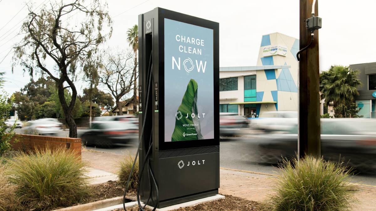 A Jolt electric vehicle charging station, which includes a digital advertising sign. Picture supplied