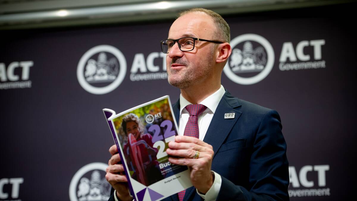 Chief Minister Andrew Barr with his mid-year budget update on Thursday. Picture by Elesa Kurtz