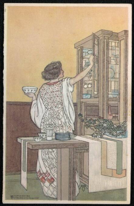 Woman at china cabinet by Marion Mahony Griffin. Picture: Eric Milton Mills collection, National Library of Australia