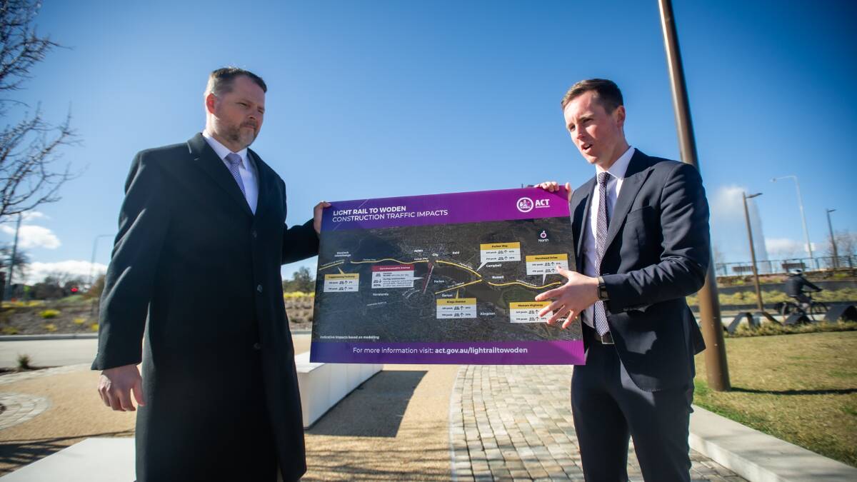 Minister for Transport and City Services Chris Steel, right, announces the establishment of a disruption taskforce to mitigate the impacts to Canberra's traffic network associated with the construction of light rail to Woden alongside Duncan Edghill. Picture: Karleen Minney