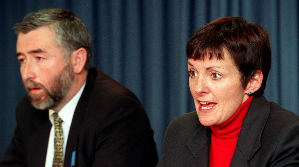 Kate Carnell, right, with Gary Humphries, pictured at 2000 ACT budget press conference, who are now patrons of the Justice Reform Initiative. Picture by Peter Wells