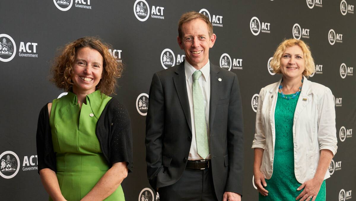 Greens cabinet ministers Rebecca Vassarotti, left, Shane Rattenbury and Emma Davidson in November 2020. Picture: Matt Loxton