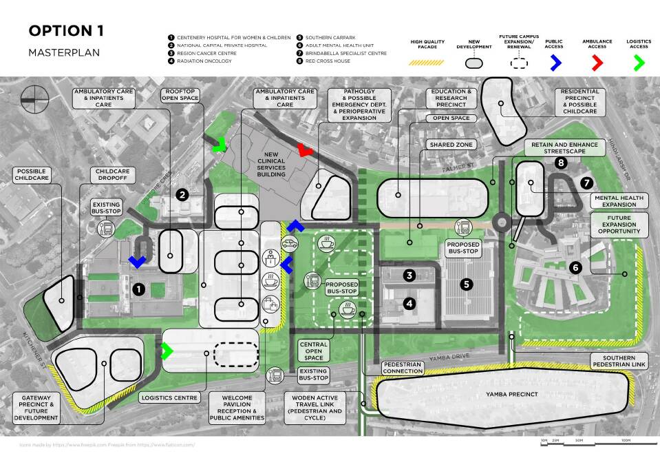 The ACT government's first option for the Canberra Hospital campus masterplan. Picture: ACT government