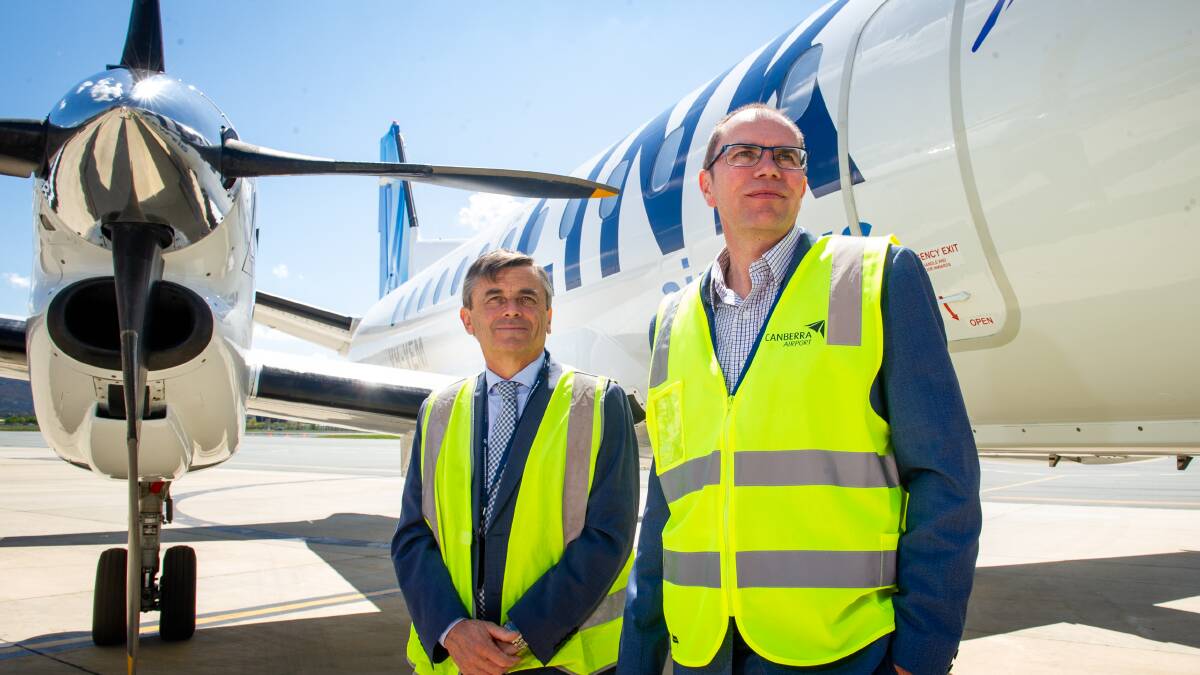 Link Airways airline manager Jeff Boyd with Canberra Airport's head of aviation Michael Thomson in 2020, who have now announced direct flights between Canberra and Coffs Harbour. Picture: Elesa Kurtz