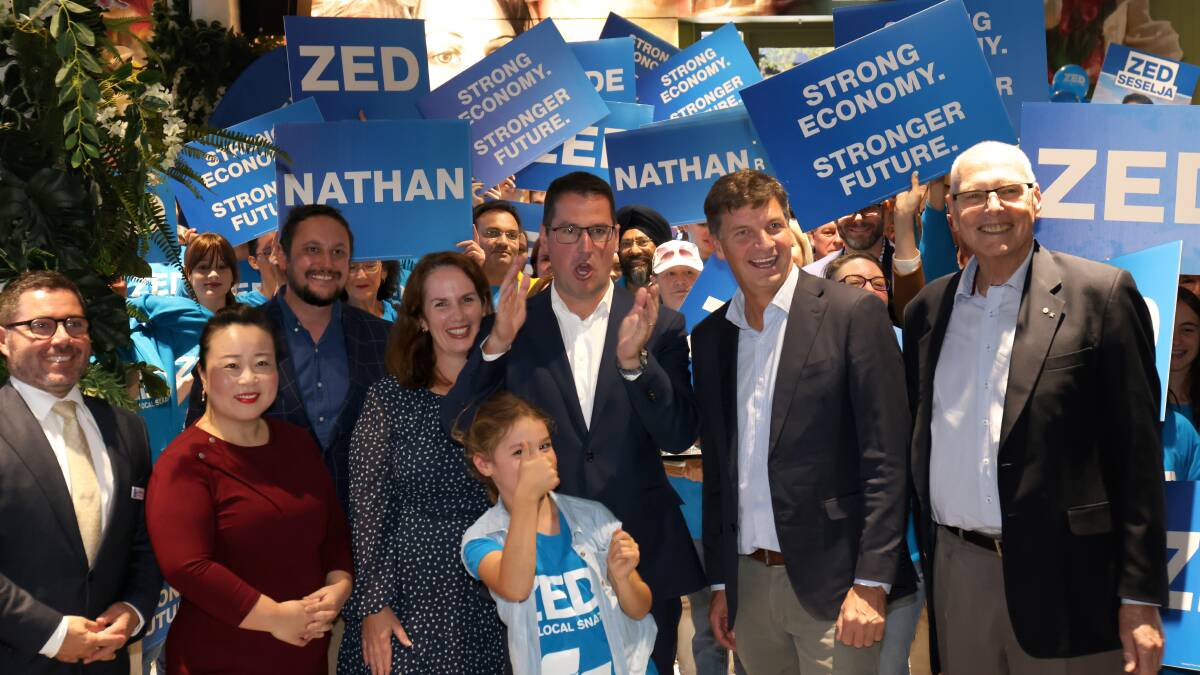 Now-former senator Zed Seselja, centre, at his campaign launch in April 2022. Picture by James Croucher
