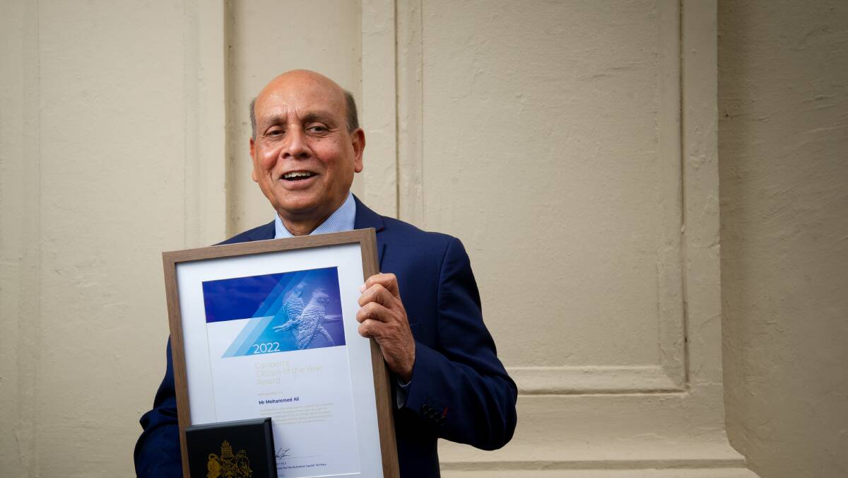The 2022 Canberra Citizen of the Year, Mohammed Ali, at the awards ceremony on Tuesday. Picture: Elesa Kurtz