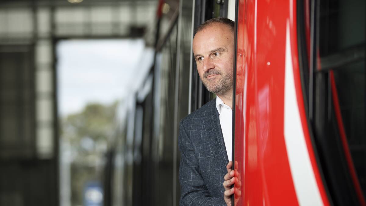 Chief Minister Andrew Barr at the Mitchell light rail depot in 2020. Picture by Sitthixay Ditthavong