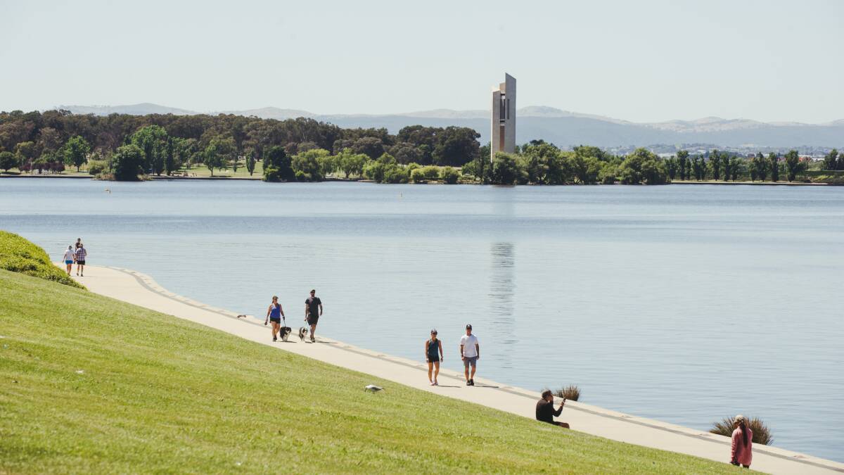 People at Lake Burley Griffin enjoying a sunny New Year's Day, 2022. Picture: Dion Georgopoulos