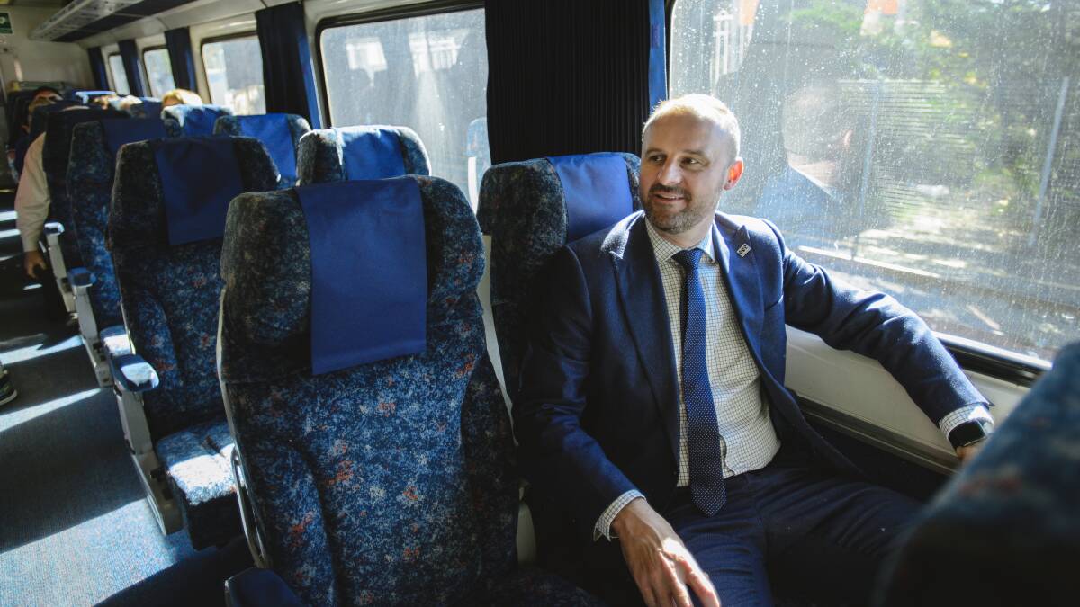 ACT Chief Minister Andrew Barr aboard the slow train to Sydney in May 2017. Picture by Sitthixay Ditthavong