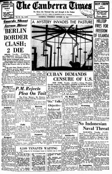 The Canberra Times front page on October 10, 1962.