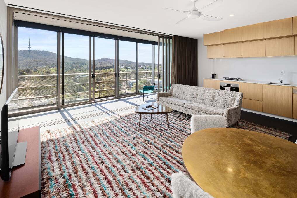 Inside a Nishi building apartment, with a view out to Black Mountain Tower. Picture: Crowthers Property/Supplied