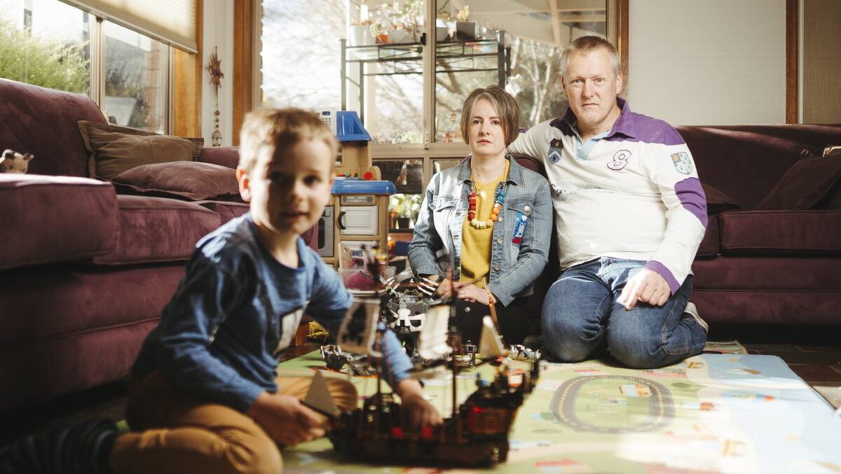 Camille Jago and Andrew Corney with their son Aidan Corney, 5, who lost their son Blake Corney, 4, when a truck slammed into the back of their car, pictured at their home in Gordon. Picture: Dion Georgopoulos