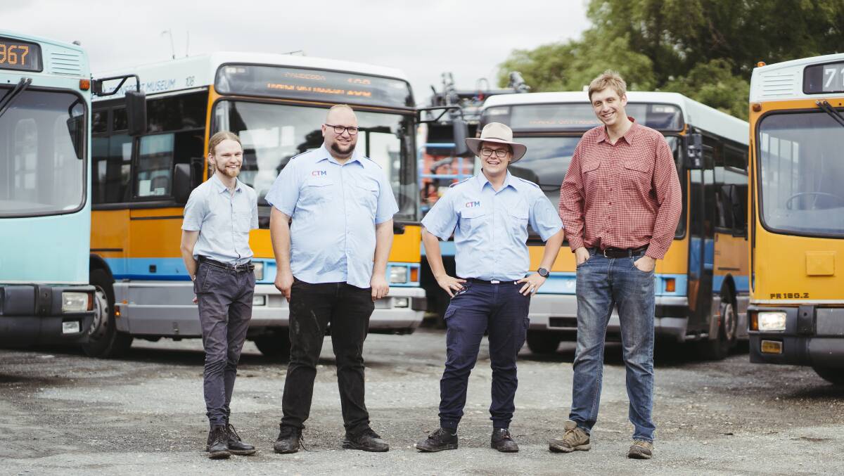 Museum treasurer Brock Ginman, presidet Zac Mathes, director Joshua Cox, and members representative John Tokaji with some of the ex-ACTION buses, currently parked in a yard in Yass, they'll be restoring to their former glory for a new museum site. Picture: Dion Georgopoulos