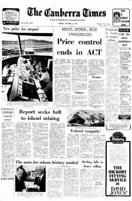 The front page of The Canberra Times on October 26, 1976.