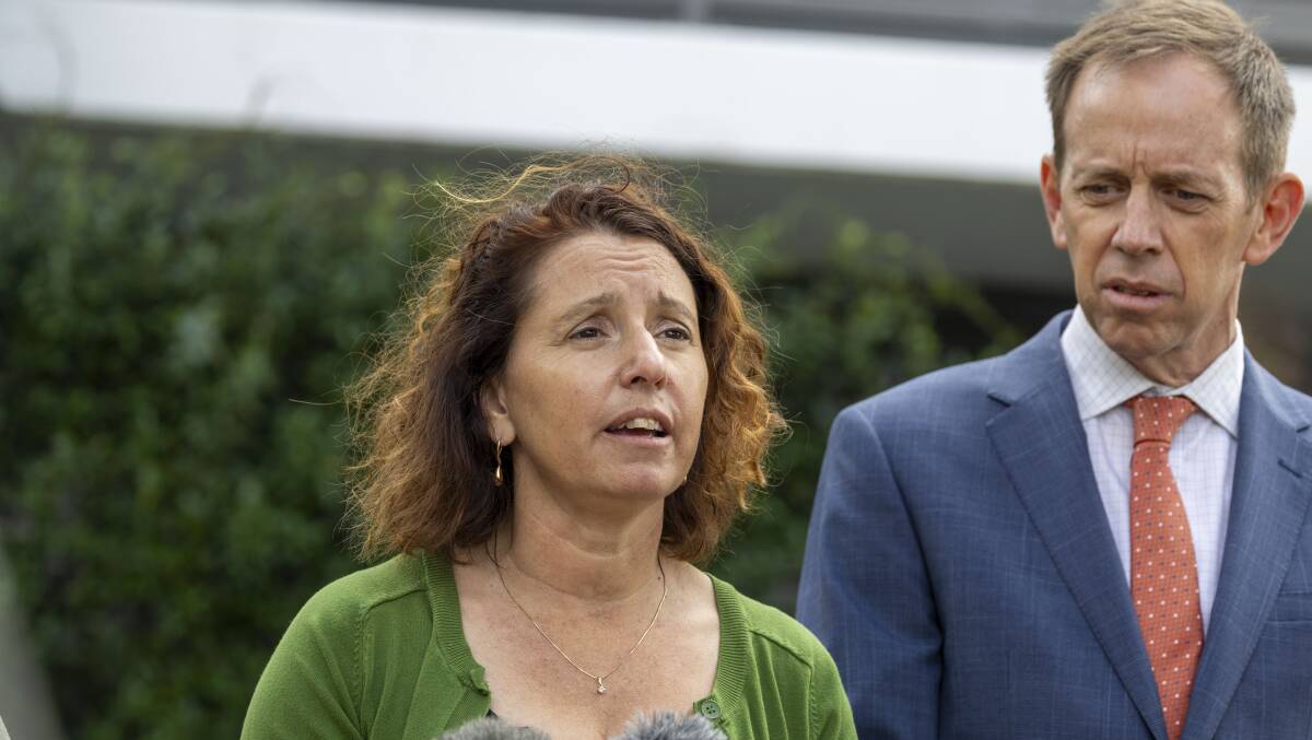 ACT Greens deputy leader Rebecca Vassarotti, left, with leader Shane Rattenbury, announcing the party's public housing election commitment on Thursday. Picture by Gary Ramage