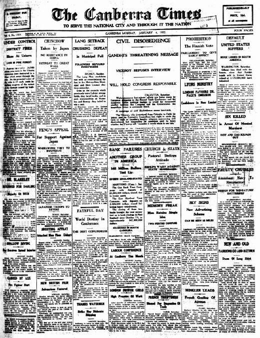 The front page of The Canberra Times on January 4, 1932.