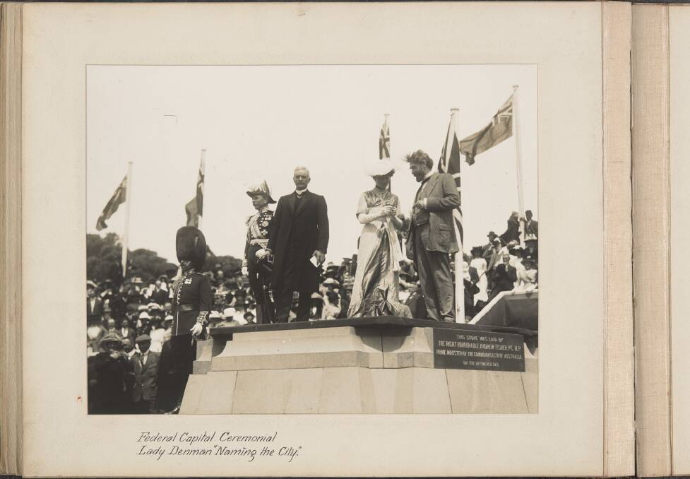 Governor-general Lord Denman, prime minister Andrew Fisher, Lady Denman and home affairs minister King O'Malley on March 12, 1913, in a photograph included in Mildenhall's album. Picture: National Museum of Australia