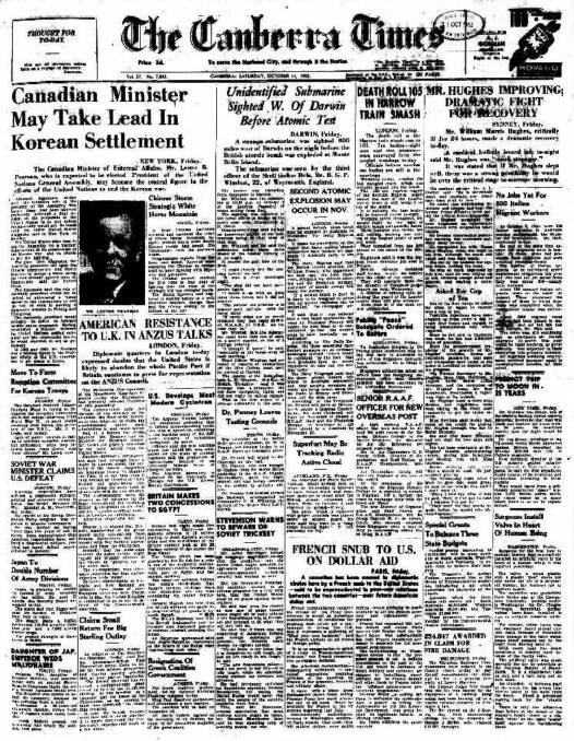 The Canberra Times front page on October 11, 1952.