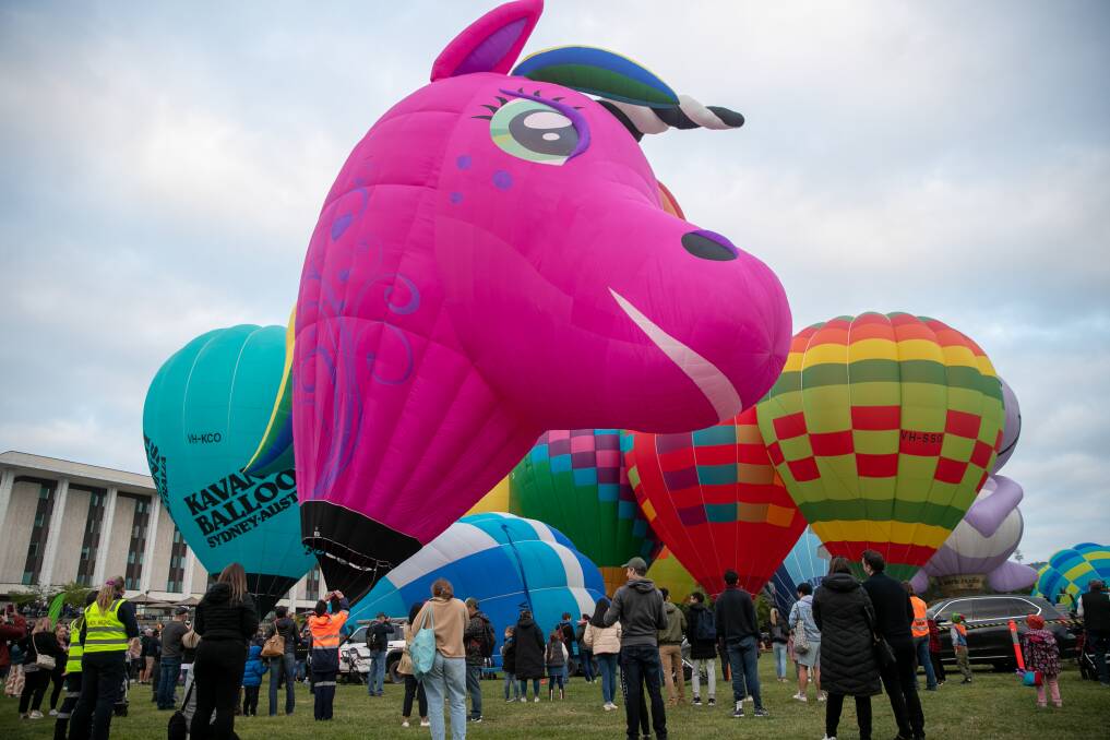 New York-balloon Allycorn is inflated at the Patrick White Lawns on Saturday, the first day of the annual Canberra Balloon Spectacular. Picture: Keegan Carroll 