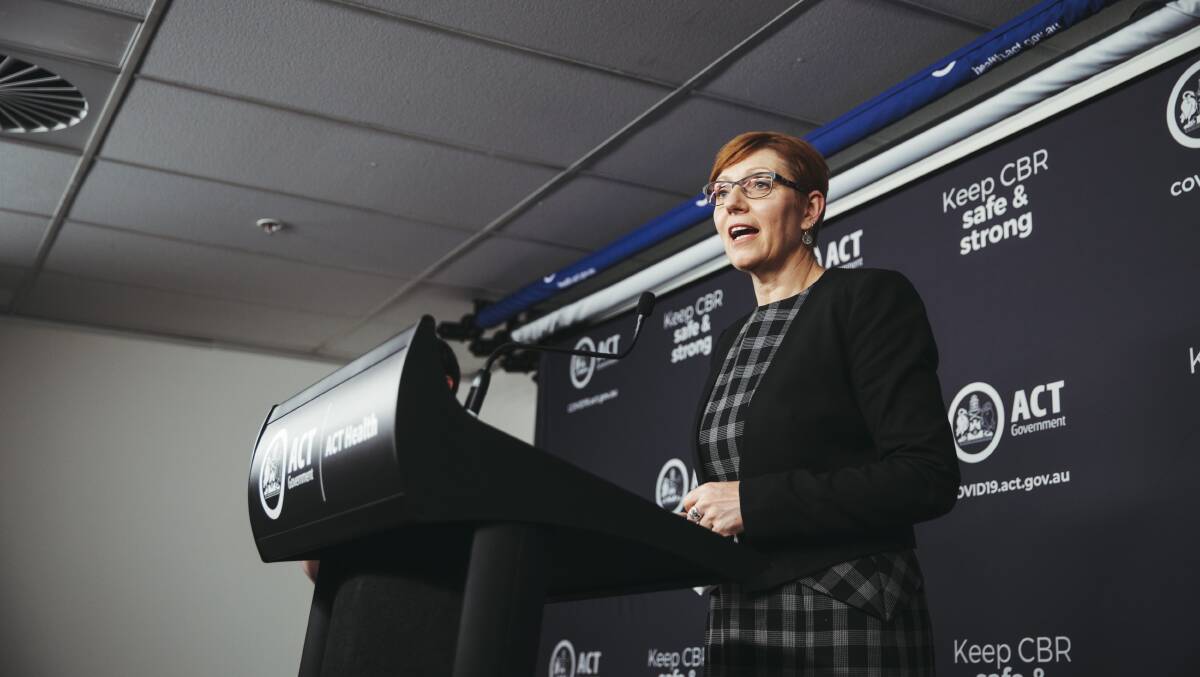 Health Minister Rachel Stephen-Smith addresses the media from ACT Health's Bowes Street office. Picture: Dion Georgopoulos