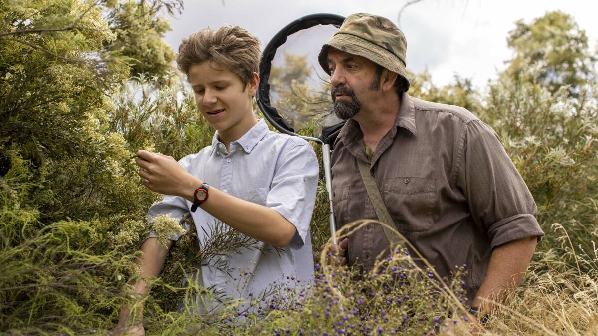 Luke Downey, left, shows Stuart Harris the shrubs by Lake Burley Griffin where he found the rare jewel beetle. Picture: Keegan Carroll