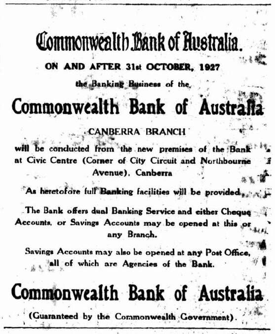 An advertisement in The Canberra Times on October 28, 1927 announcing the opening of the Melbourne Building branch.