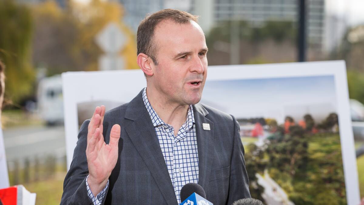 Chief Minister Andrew Barr at the May 29, 2015 announcement of the first stage of West Basin work. Picture by Matt Bedford