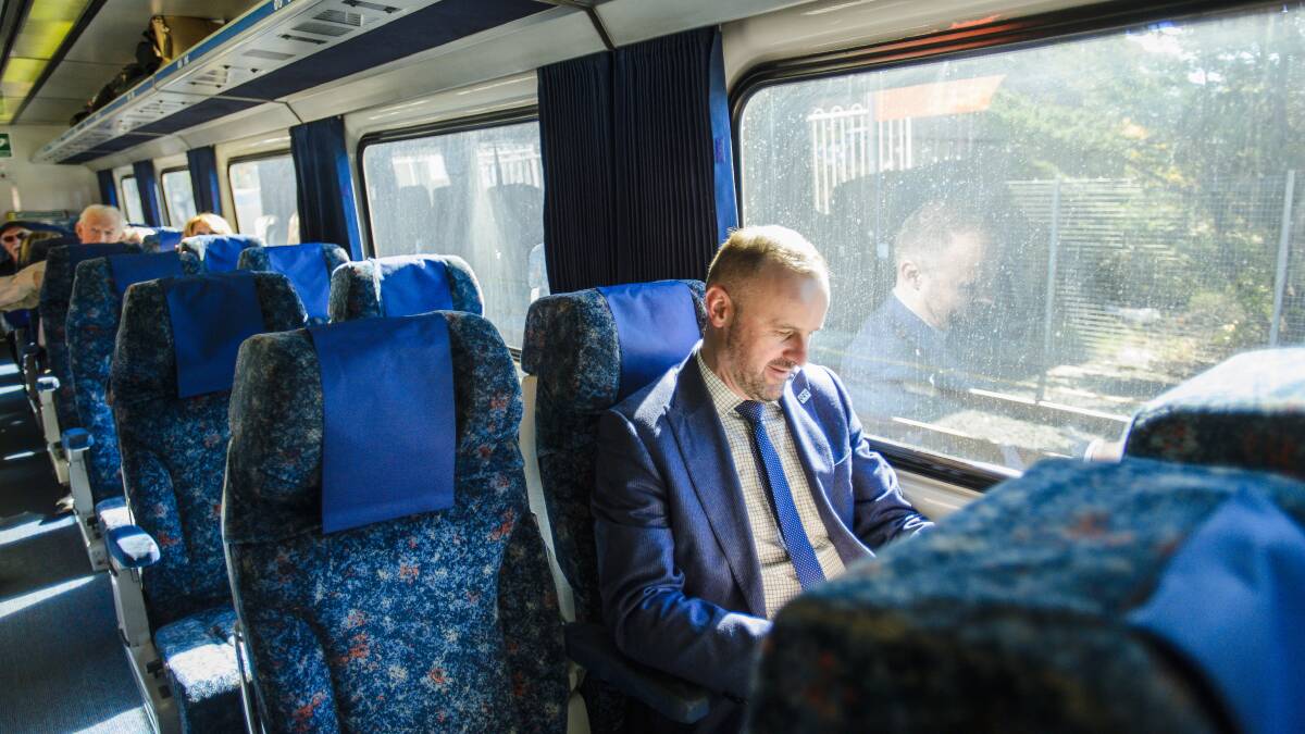 Chief Minister Andrew Barr catches the train from Canberra to Sydney in 2017 to discuss improvements with the NSW government. Discussions continue. PIcture by Sitthixay Ditthavong
