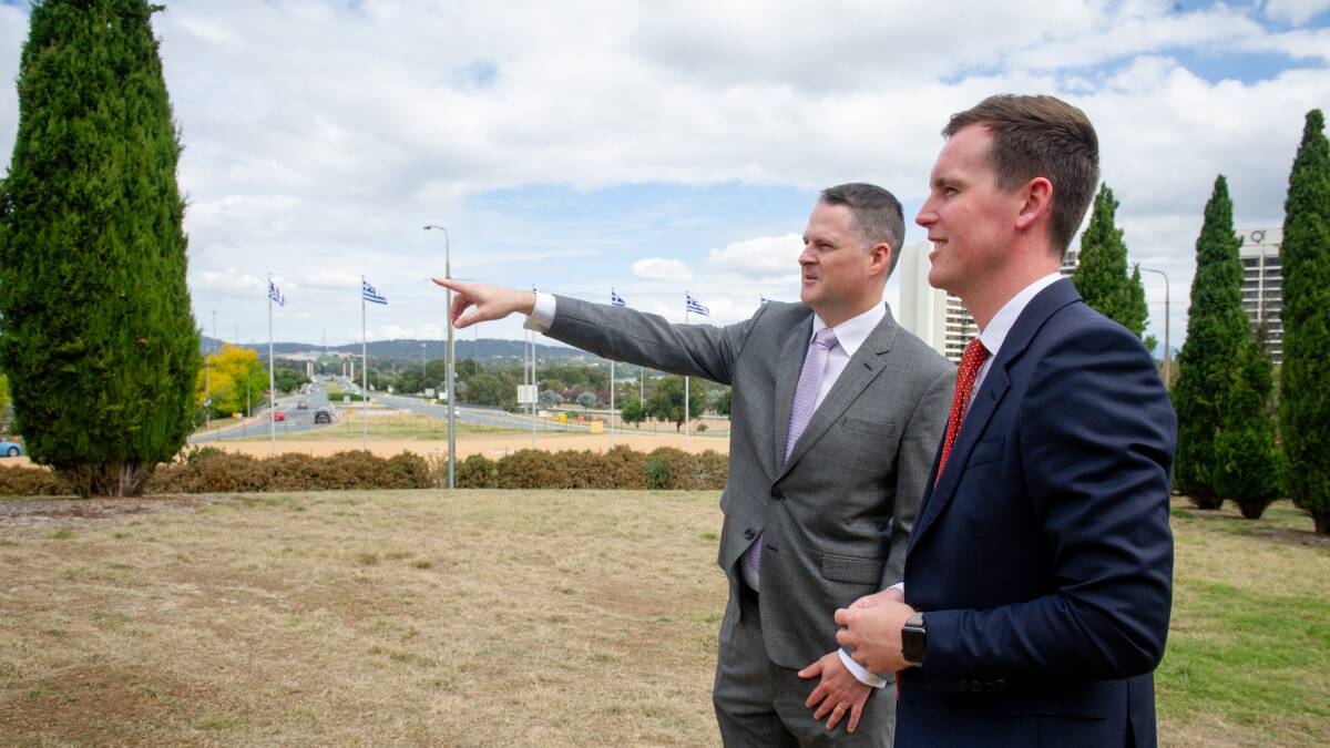 Major Projects Canberra chief Duncan Edghill, left, with Transport Minister Chris Steel on City Hill. Picture by Elesa Kurtz