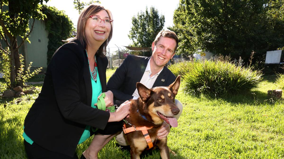 RSPCA chief executive Michelle Robertson, left, with City Services Minister Chris Steel and Mack, 4, at the RSPCA in Weston. Picture: James Croucher