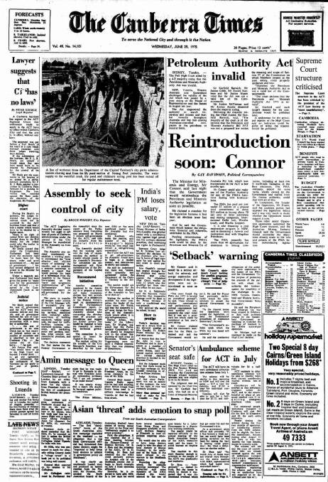 The Canberra Times' front page on June 25, 1975.