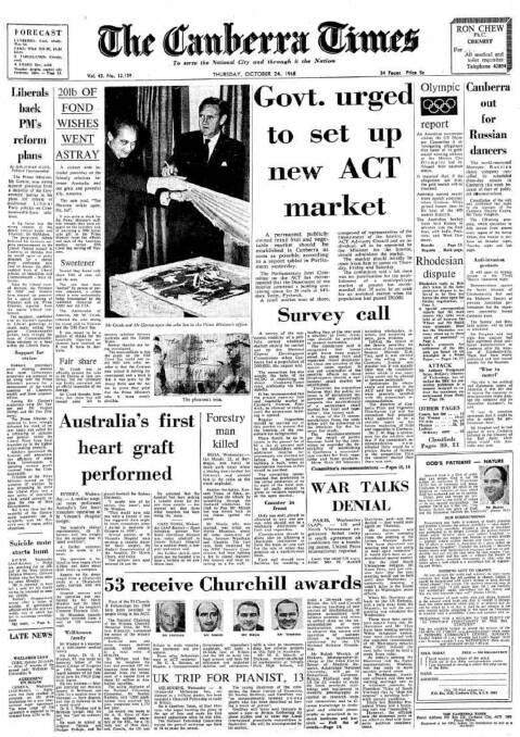Front page of The Canberra Times on October 24, 1968.