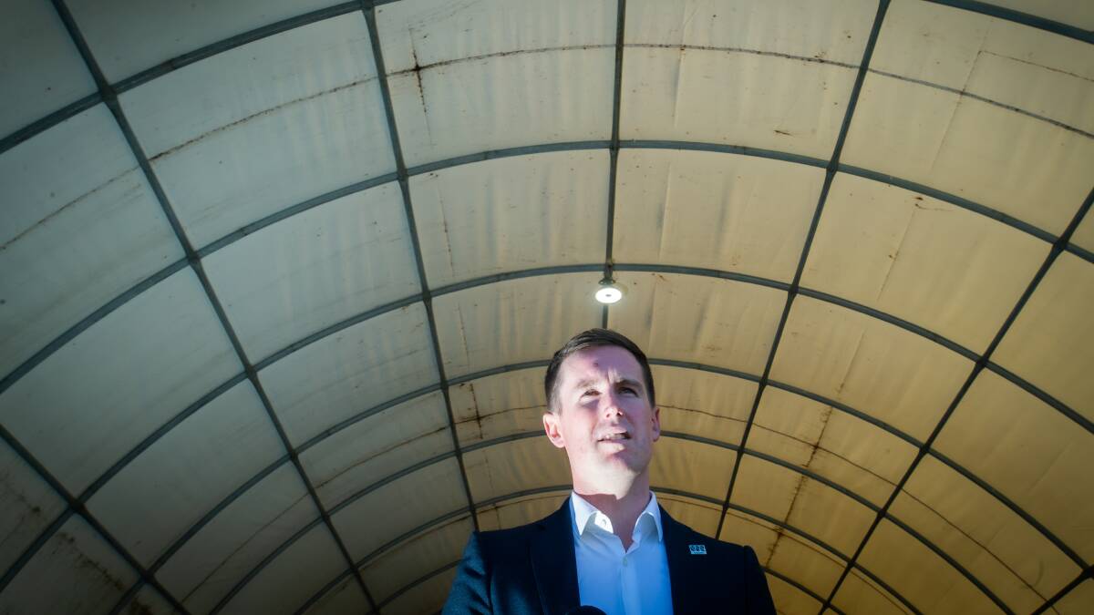 City Services Minister Chris Steel inside a green waste facility which will be used as part of food and organic waste collections in Canberra. Picture: Karleen Minney