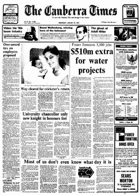 The front page of The Canberra Times on January 26, 1983.