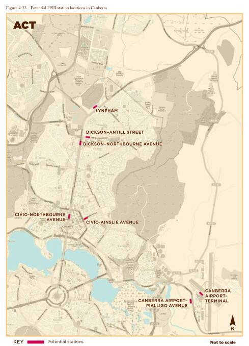 Possible ACT high-speed station locations identified in a 2013 feasibility study. Source: HSR Phase 2 report.