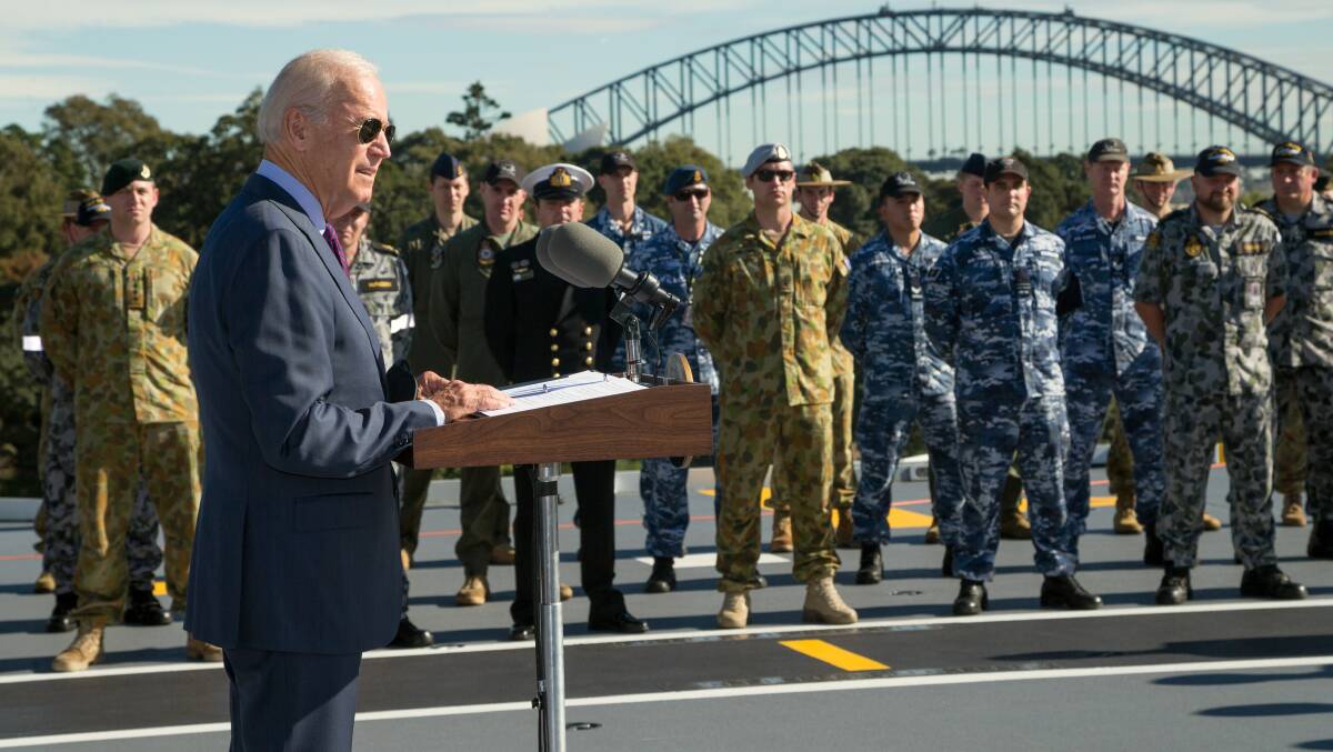 Then vice-president Joe Biden visits HMAS Adelaide in Sydney during a trip to Australia in 2016. Picture: Department of Defence