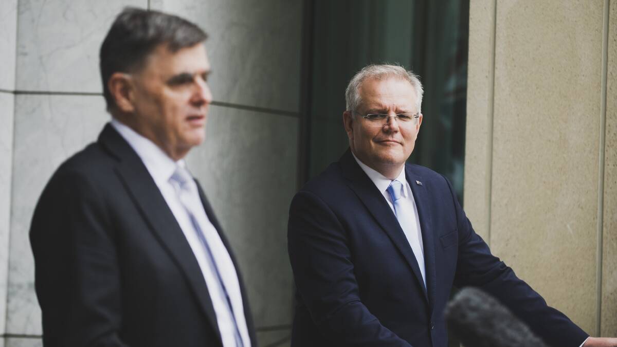 Chief Medical Officer Brendan Murphy and Prime Minister Scott Morrison. Picture: Dion Georgopoulos
