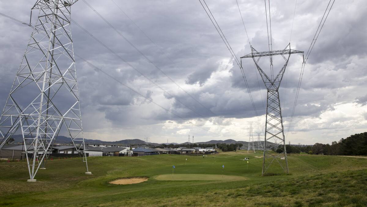 The power lines and towers run through the Magpies Belconnen golf course near Ginninderra Estate. Picture: Keegan Carroll.