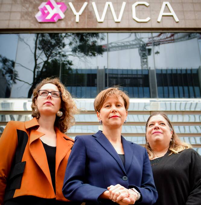 Labor MP for Canberra Alicia Payne, Labor spokesperson for communities and the prevention of family violence Jenny McAllister, and YWCA acting chief executive Cara Jacobs. Picture: Elesa Kurtz